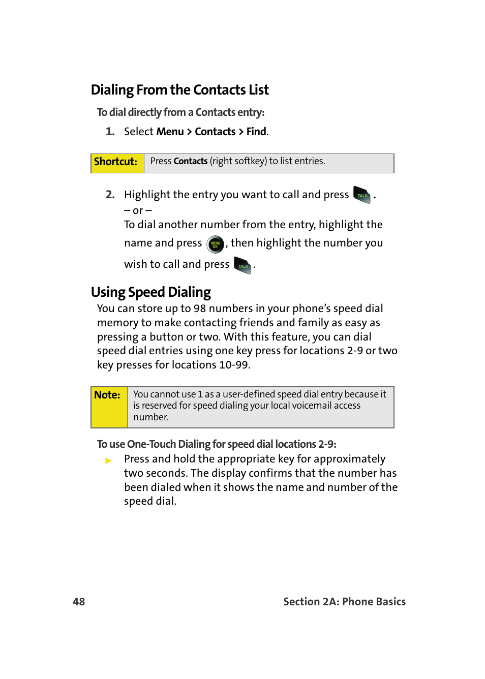 Dialing from the contacts list, Using speed dialing | Samsung SPH-M610DAASPR User Manual | Page 74 / 272