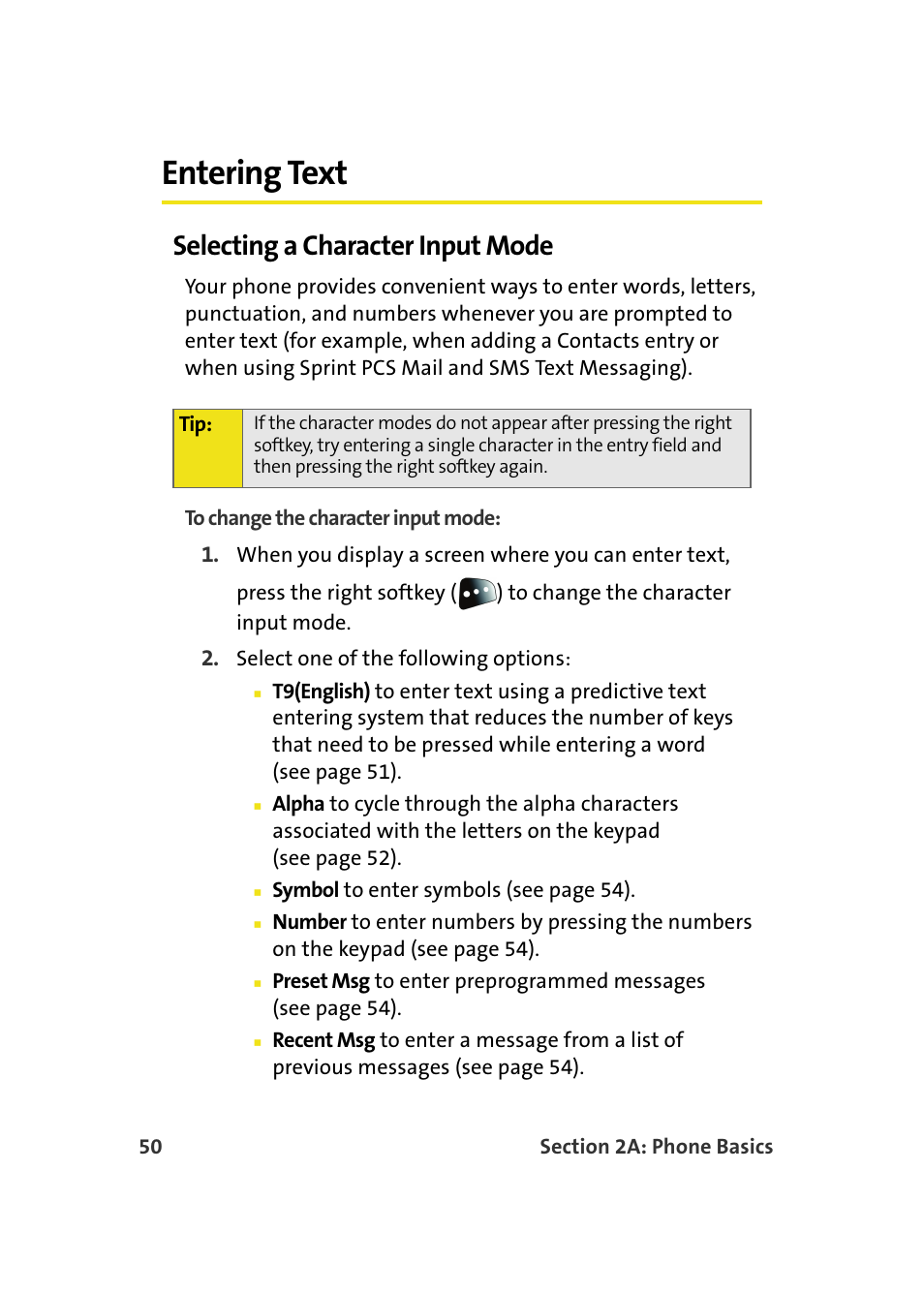 Entering text, Selecting a character input mode | Samsung SPH-M610DAASPR User Manual | Page 76 / 272