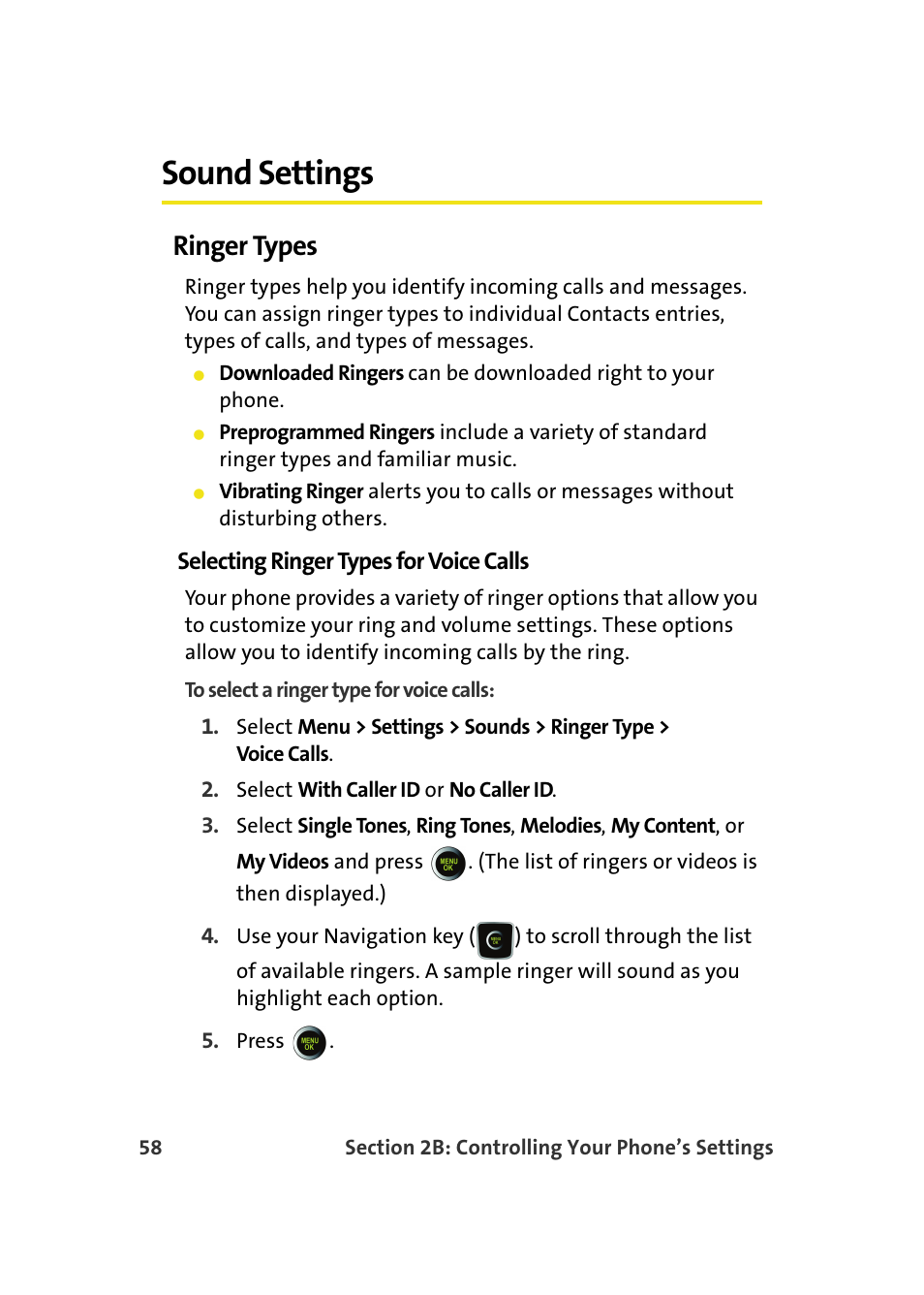 Sound settings, Ringer types, Selecting ringer types for voice calls | Samsung SPH-M610DAASPR User Manual | Page 84 / 272