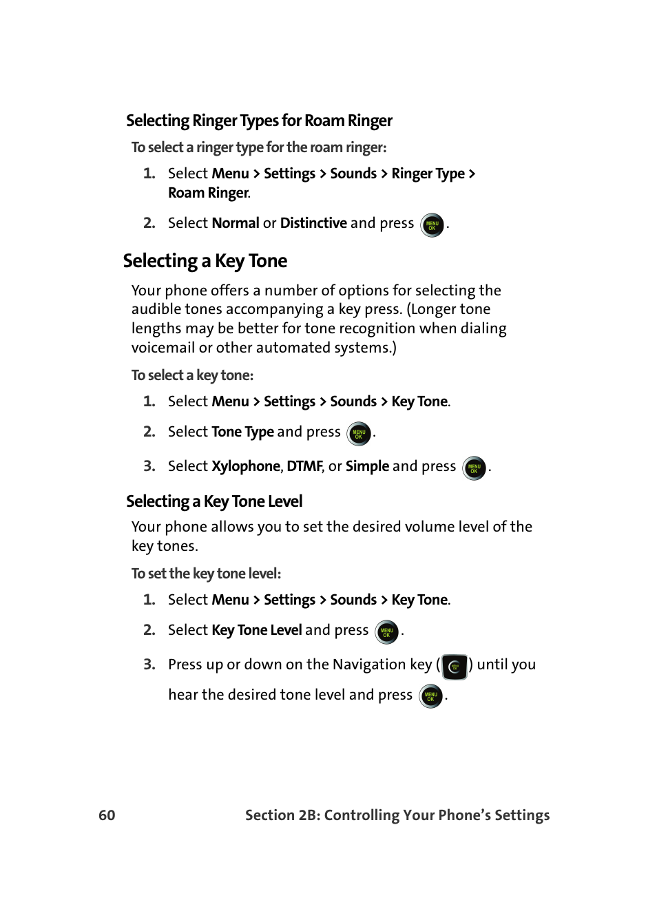 Selecting ringer types for roam ringer, Selecting a key tone, Selecting a key tone level | Samsung SPH-M610DAASPR User Manual | Page 86 / 272