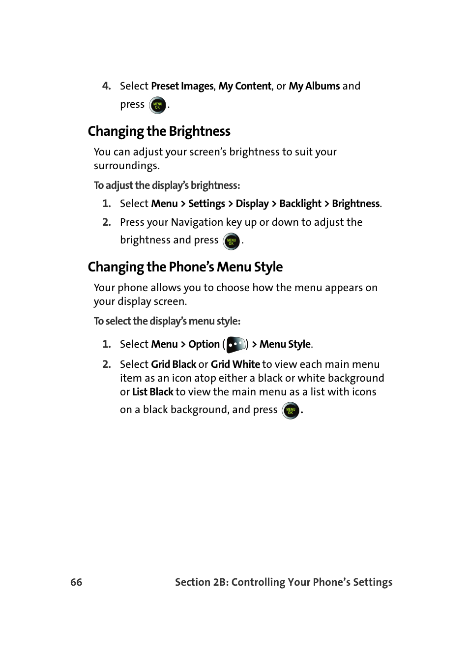 Changing the brightness, Changing the phone’s menu style | Samsung SPH-M610DAASPR User Manual | Page 92 / 272