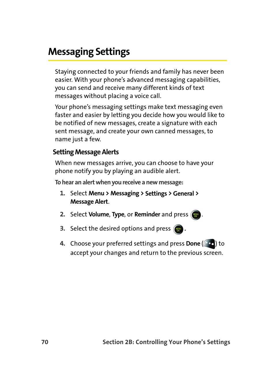 Messaging settings, Setting message alerts | Samsung SPH-M610DAASPR User Manual | Page 96 / 272