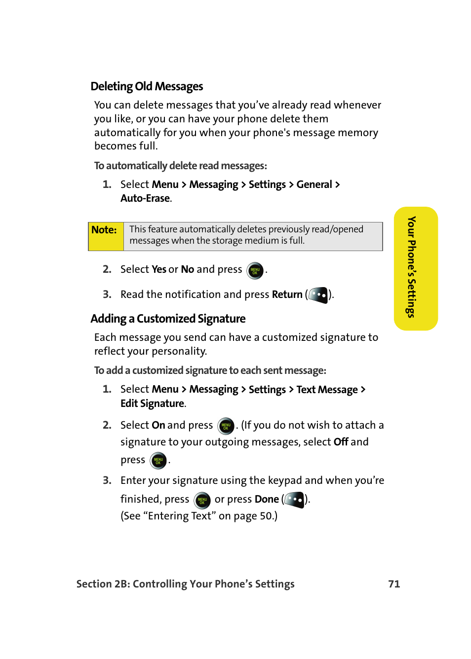 Deleting old messages, Adding a customized signature | Samsung SPH-M610DAASPR User Manual | Page 97 / 272