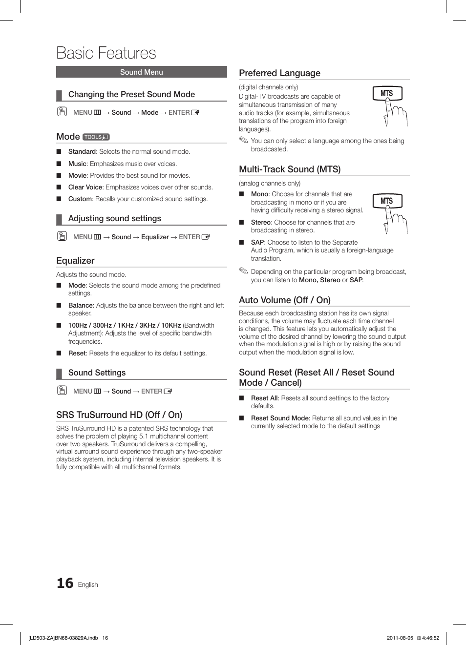 Basic features | Samsung LN46D503F6FXZA User Manual | Page 16 / 35