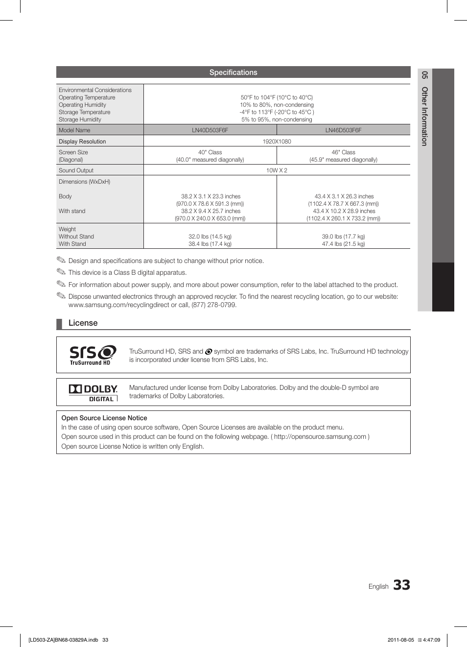 Samsung LN46D503F6FXZA User Manual | Page 33 / 35