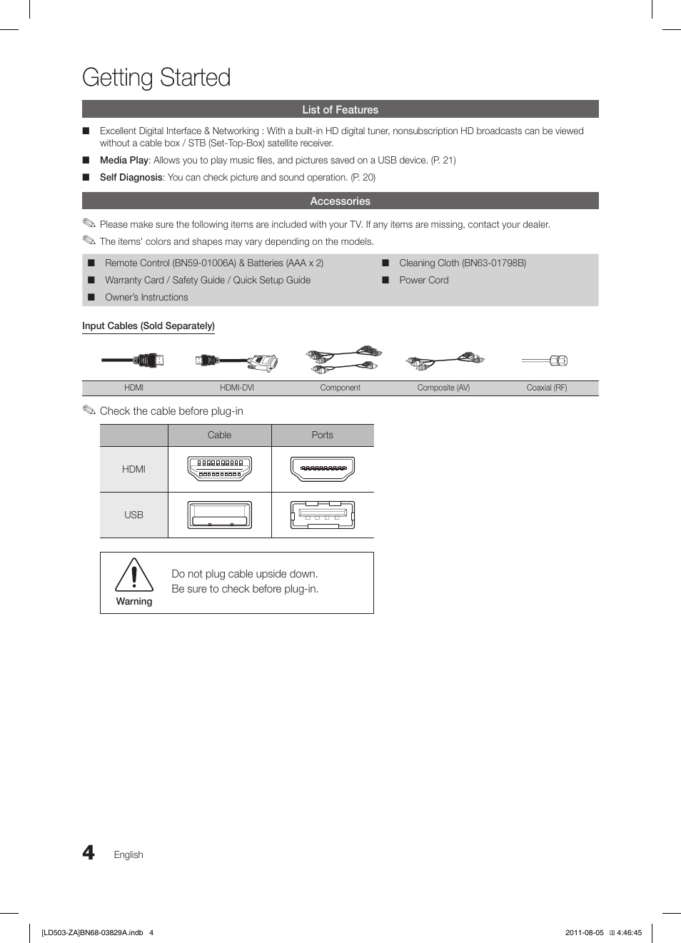 Getting started | Samsung LN46D503F6FXZA User Manual | Page 4 / 35