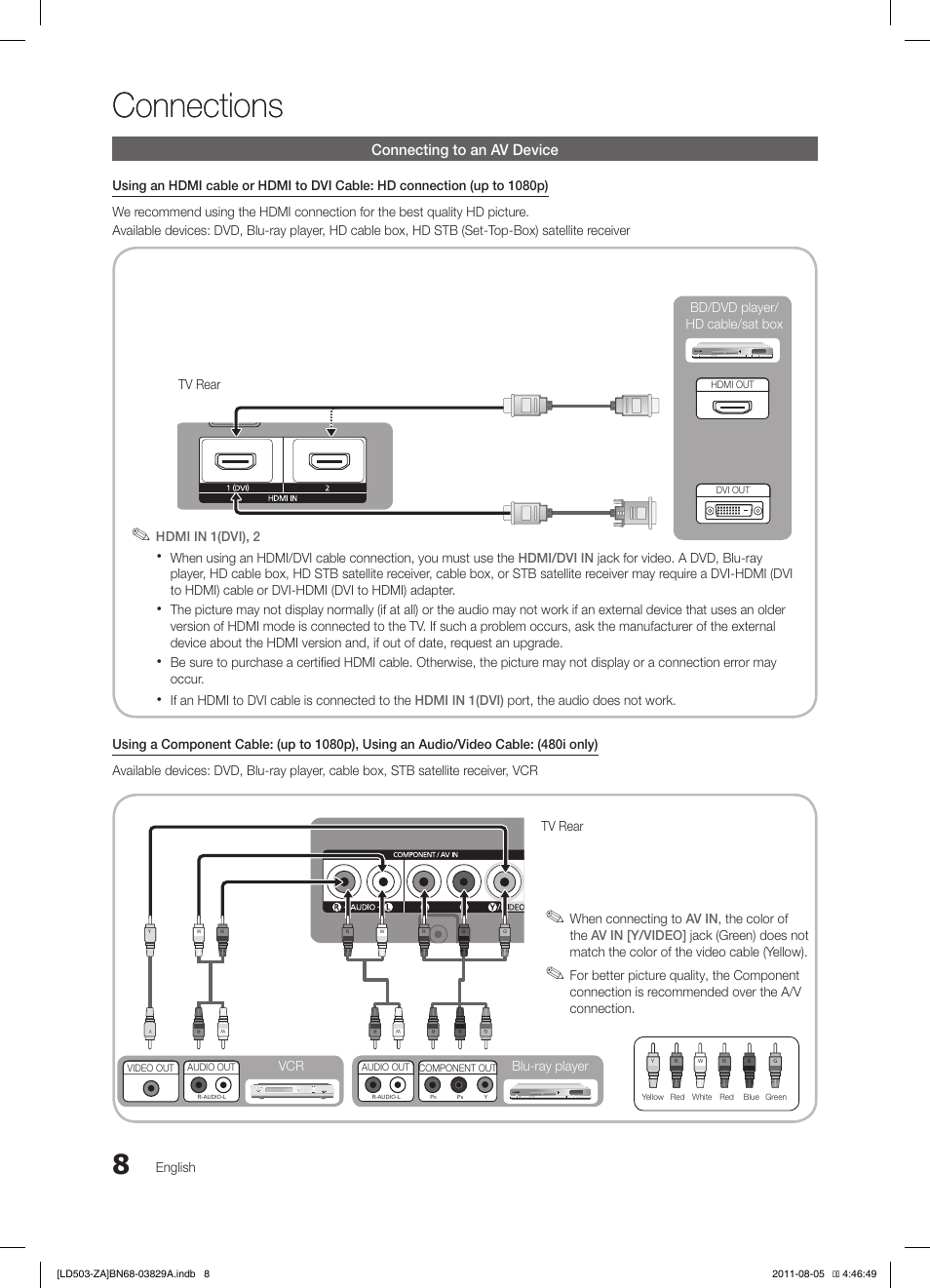 Connections, Connecting to an av device | Samsung LN46D503F6FXZA User Manual | Page 8 / 35