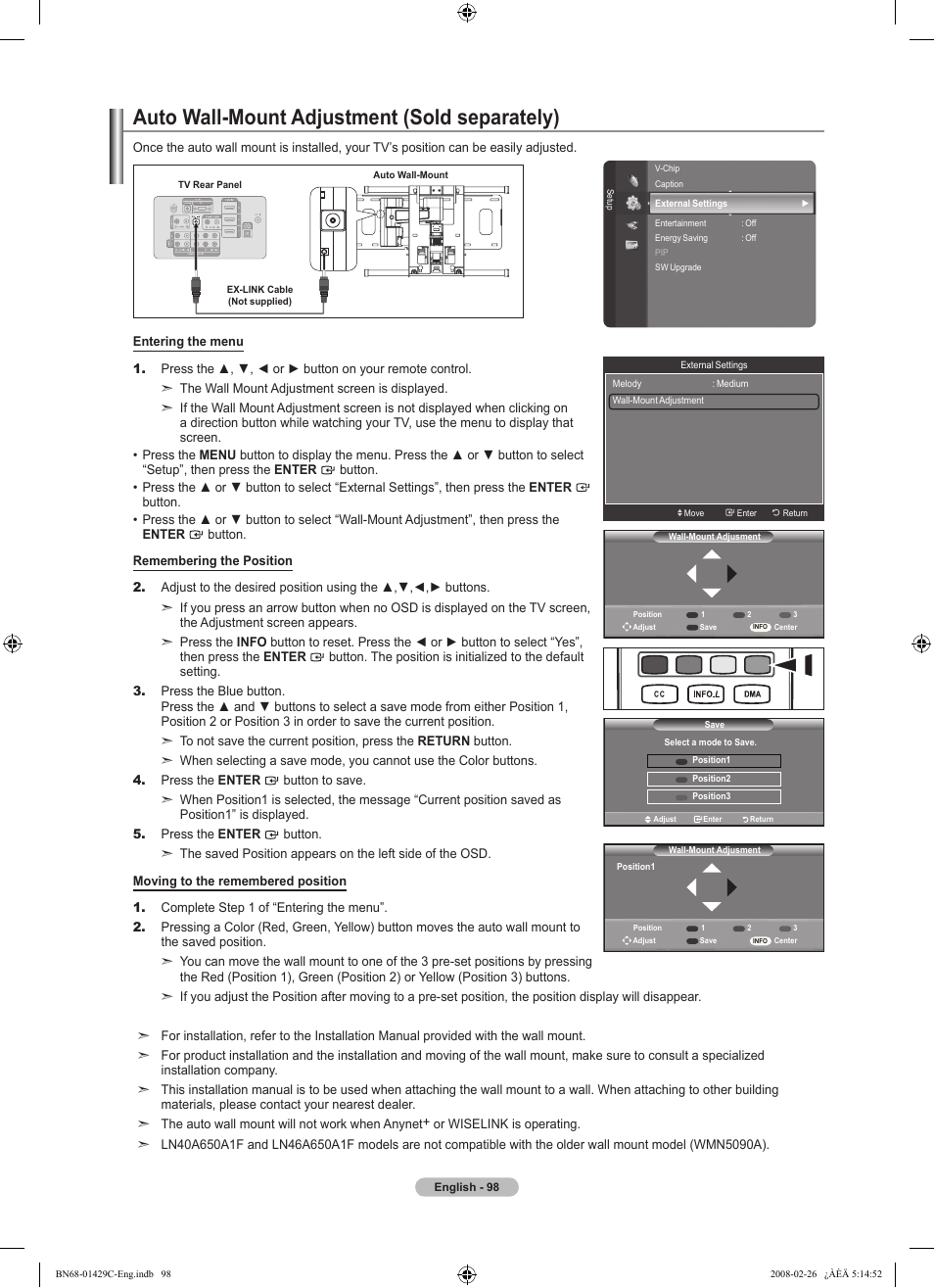 Auto wall-mount adjustment (sold separately) | Samsung LN46A650A1FXZA User Manual | Page 100 / 222