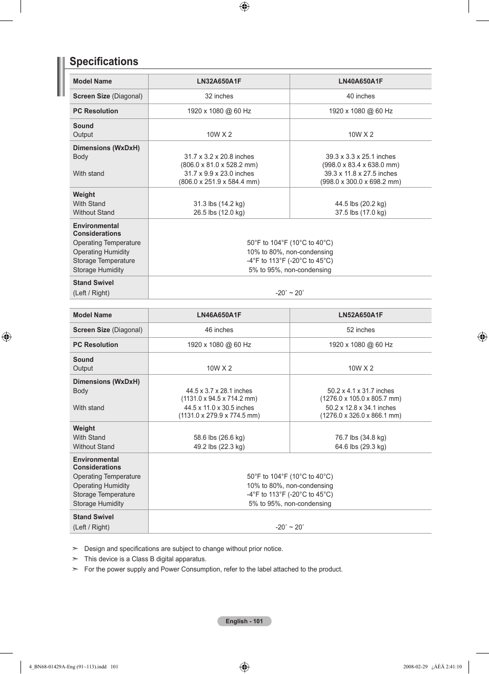 Specifications | Samsung LN46A650A1FXZA User Manual | Page 103 / 222