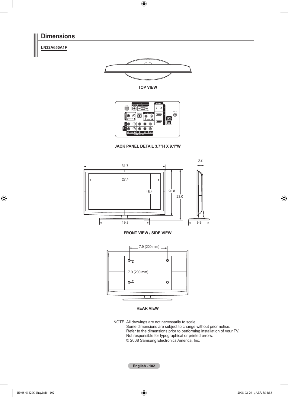 Dimensions | Samsung LN46A650A1FXZA User Manual | Page 104 / 222