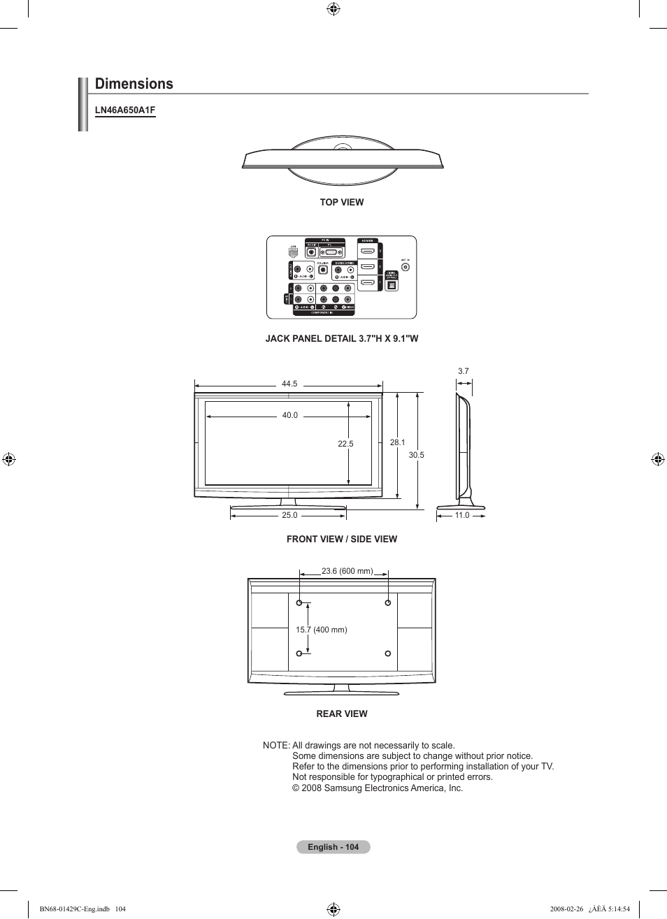 Dimensions | Samsung LN46A650A1FXZA User Manual | Page 106 / 222