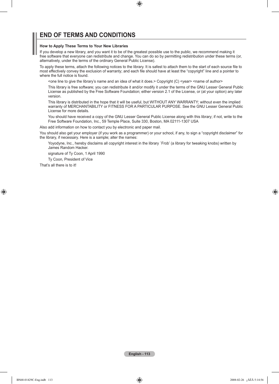 End of terms and conditions | Samsung LN46A650A1FXZA User Manual | Page 115 / 222