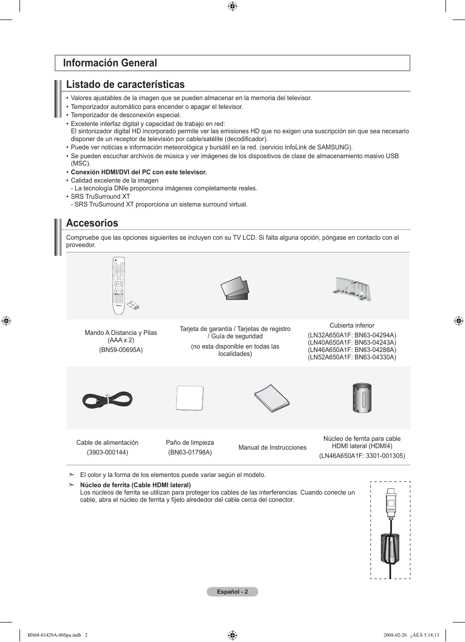 Listado de características, Accesorios, Información general | Samsung LN46A650A1FXZA User Manual | Page 118 / 222