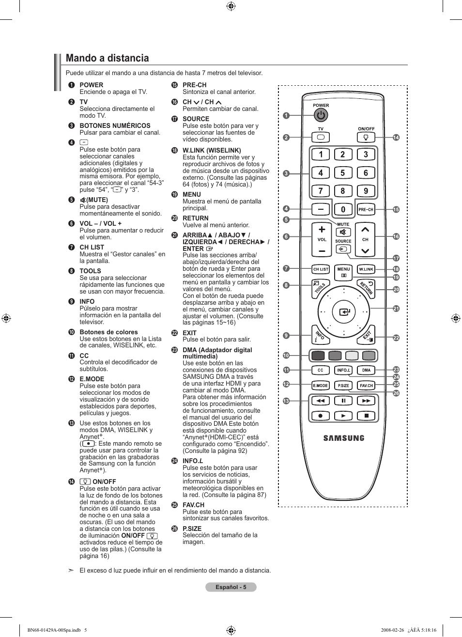 Mando a distancia | Samsung LN46A650A1FXZA User Manual | Page 121 / 222