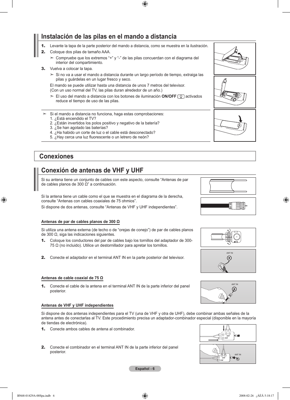 Instalación de las pilas en el mando a distancia, Conexión de antenas de vhf y uhf, Conexiones | Samsung LN46A650A1FXZA User Manual | Page 122 / 222