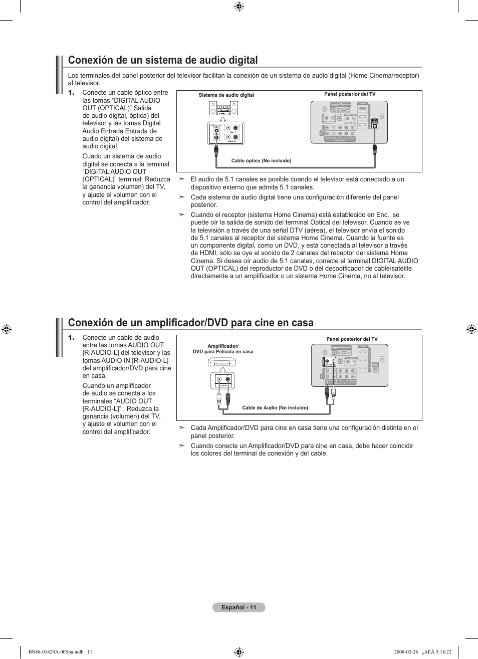 Conexión de un sistema de audio digital, Conexión de un amplificador/dvd para cine en casa | Samsung LN46A650A1FXZA User Manual | Page 127 / 222