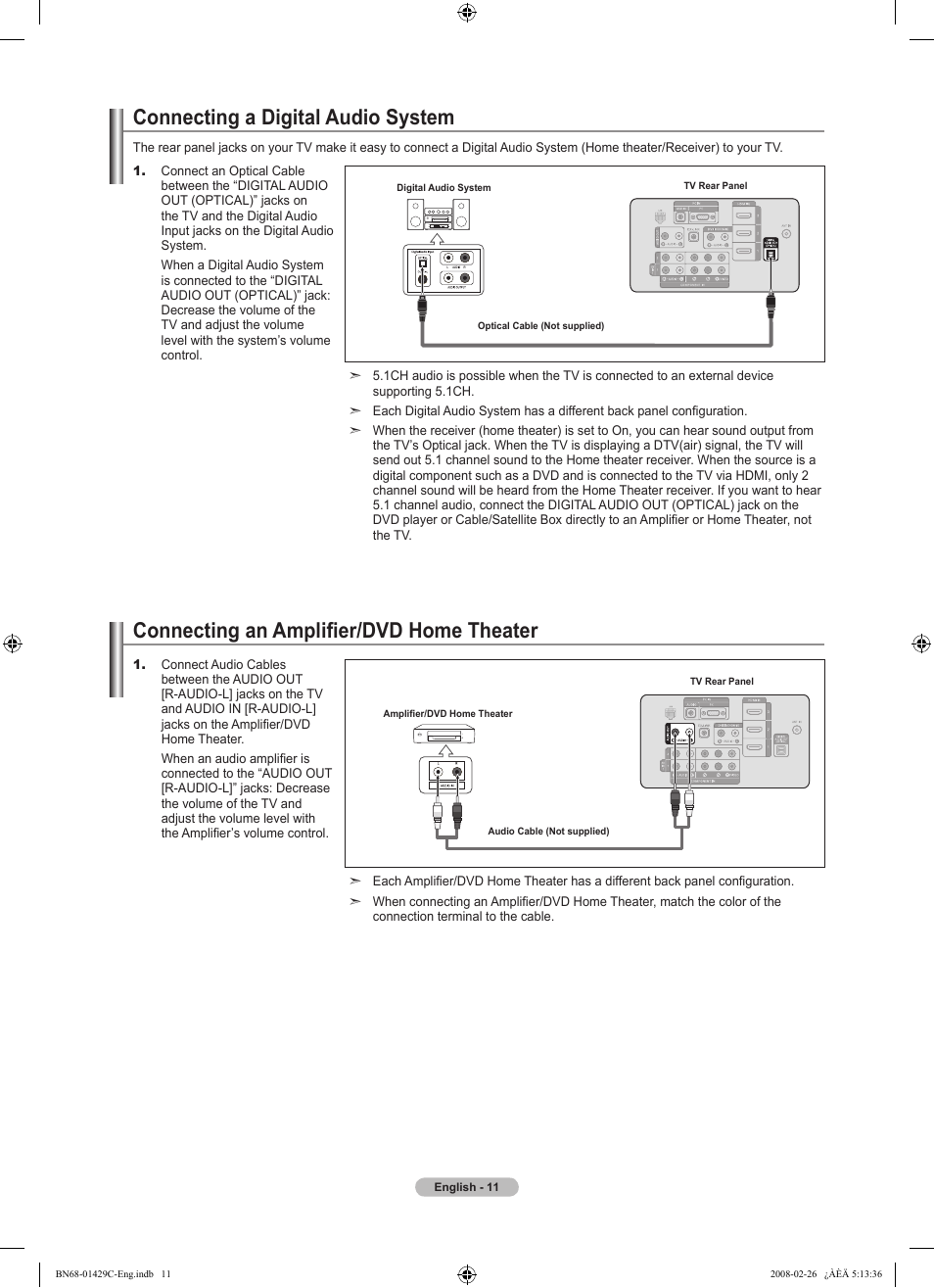 Connecting a digital audio system, Connecting an amplifier/dvd home theater | Samsung LN46A650A1FXZA User Manual | Page 13 / 222