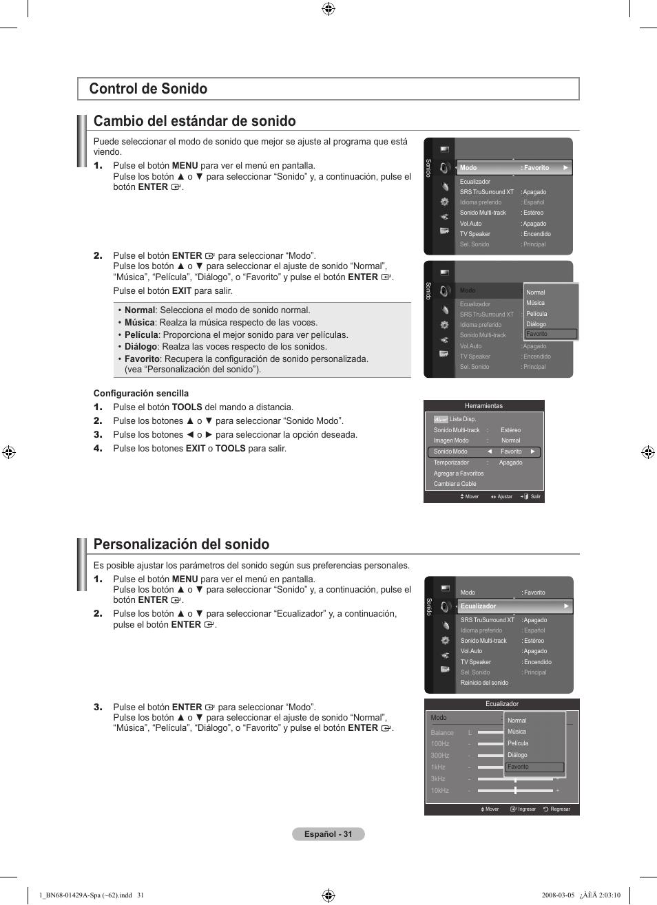 Control de sonido cambio del estándar de sonido, Personalización del sonido | Samsung LN46A650A1FXZA User Manual | Page 147 / 222