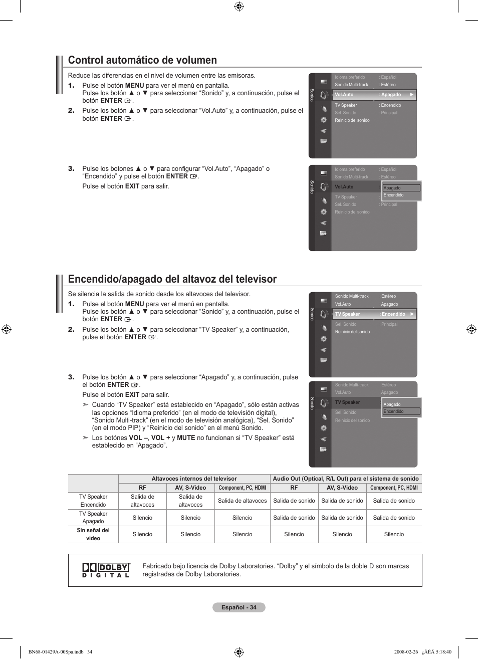 Control automático de volumen, Encendido/apagado del altavoz del televisor | Samsung LN46A650A1FXZA User Manual | Page 150 / 222