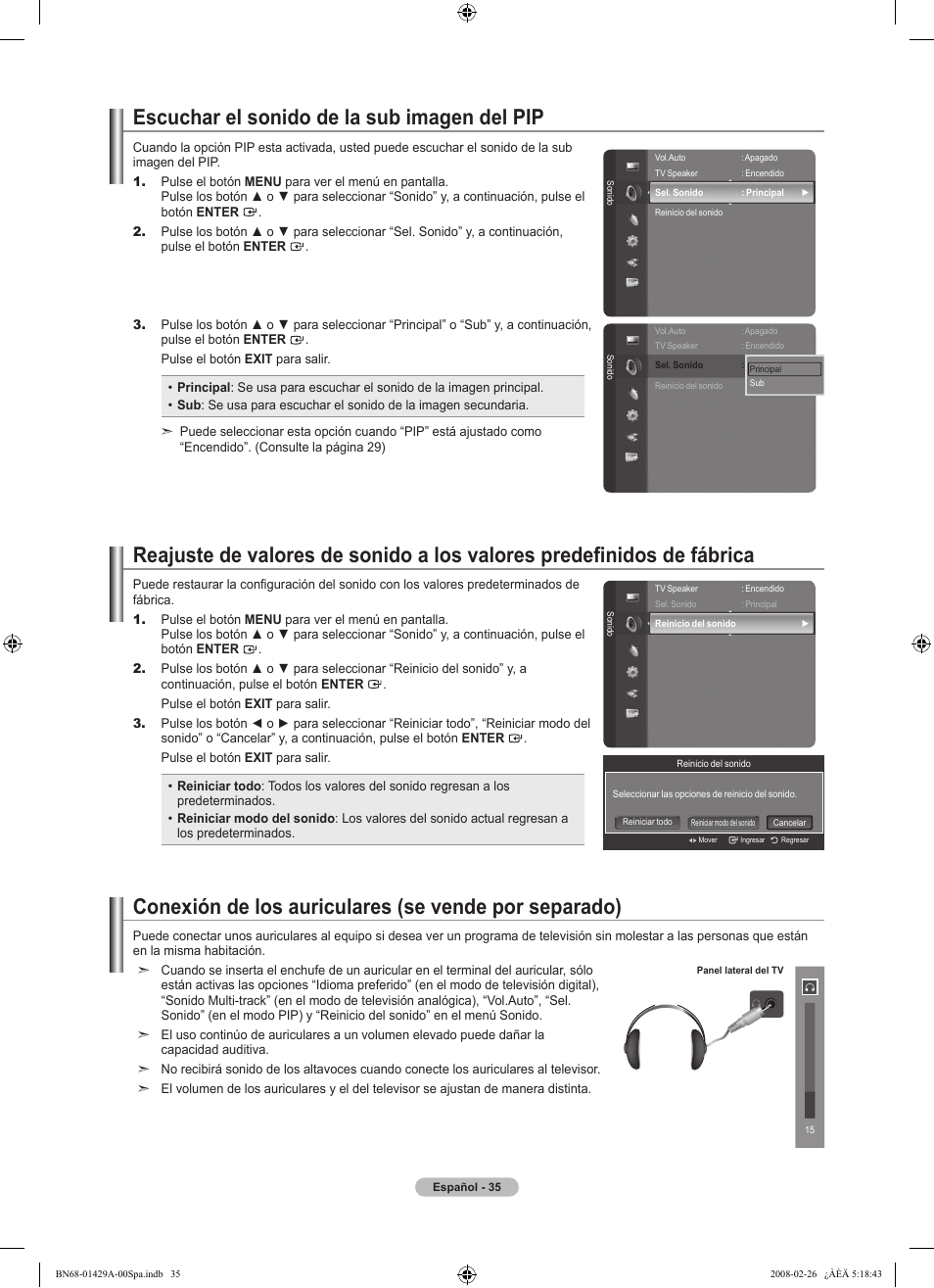 Escuchar el sonido de la sub imagen del pip | Samsung LN46A650A1FXZA User Manual | Page 151 / 222