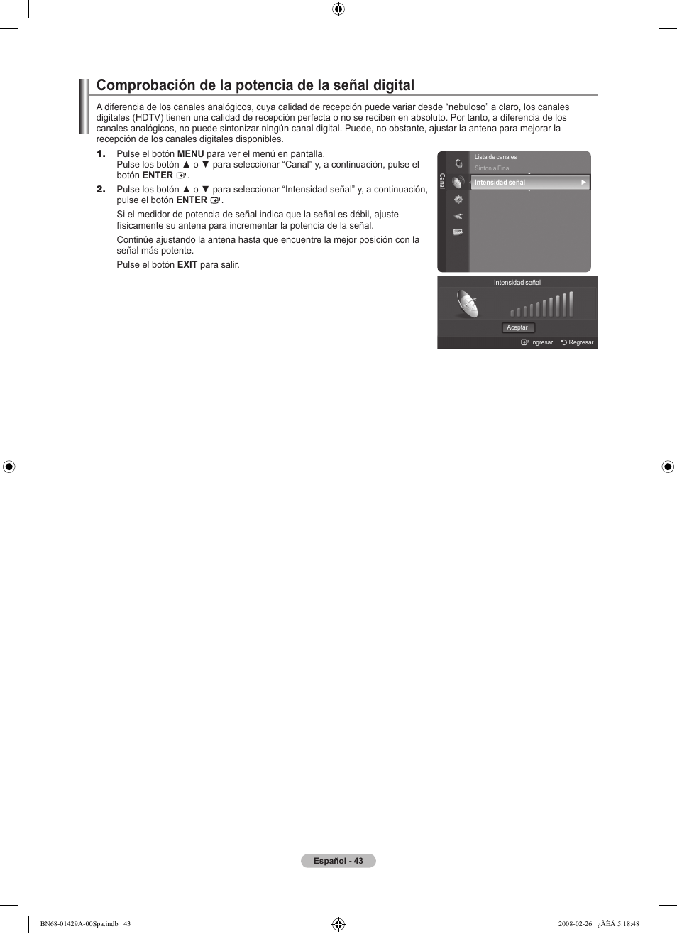 Comprobación de la potencia de la señal digital | Samsung LN46A650A1FXZA User Manual | Page 159 / 222