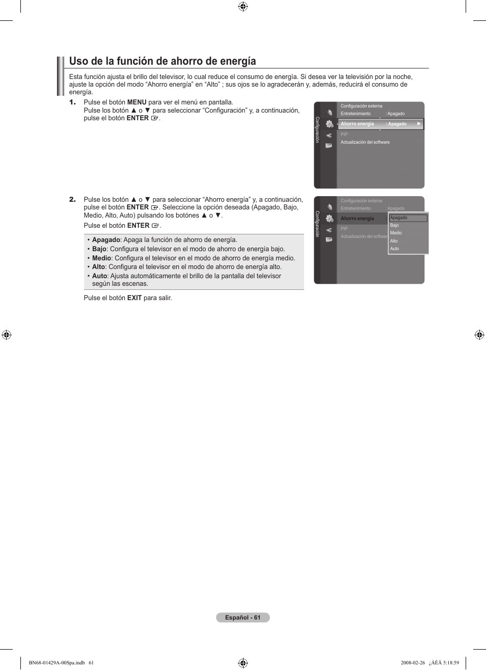 Uso de la función de ahorro de energía | Samsung LN46A650A1FXZA User Manual | Page 177 / 222
