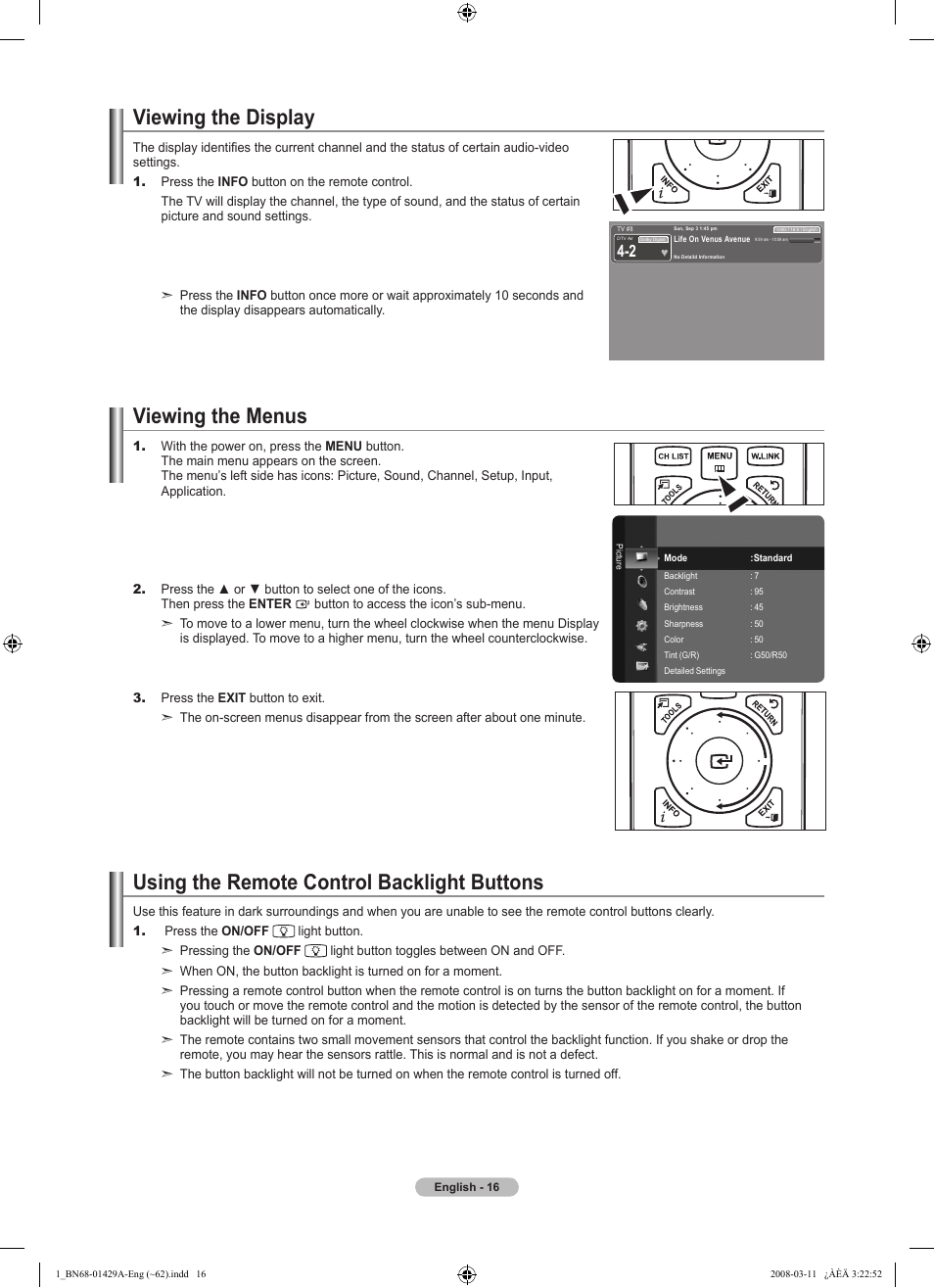 Viewing the display, Viewing the menus, Using the remote control backlight buttons | Samsung LN46A650A1FXZA User Manual | Page 18 / 222
