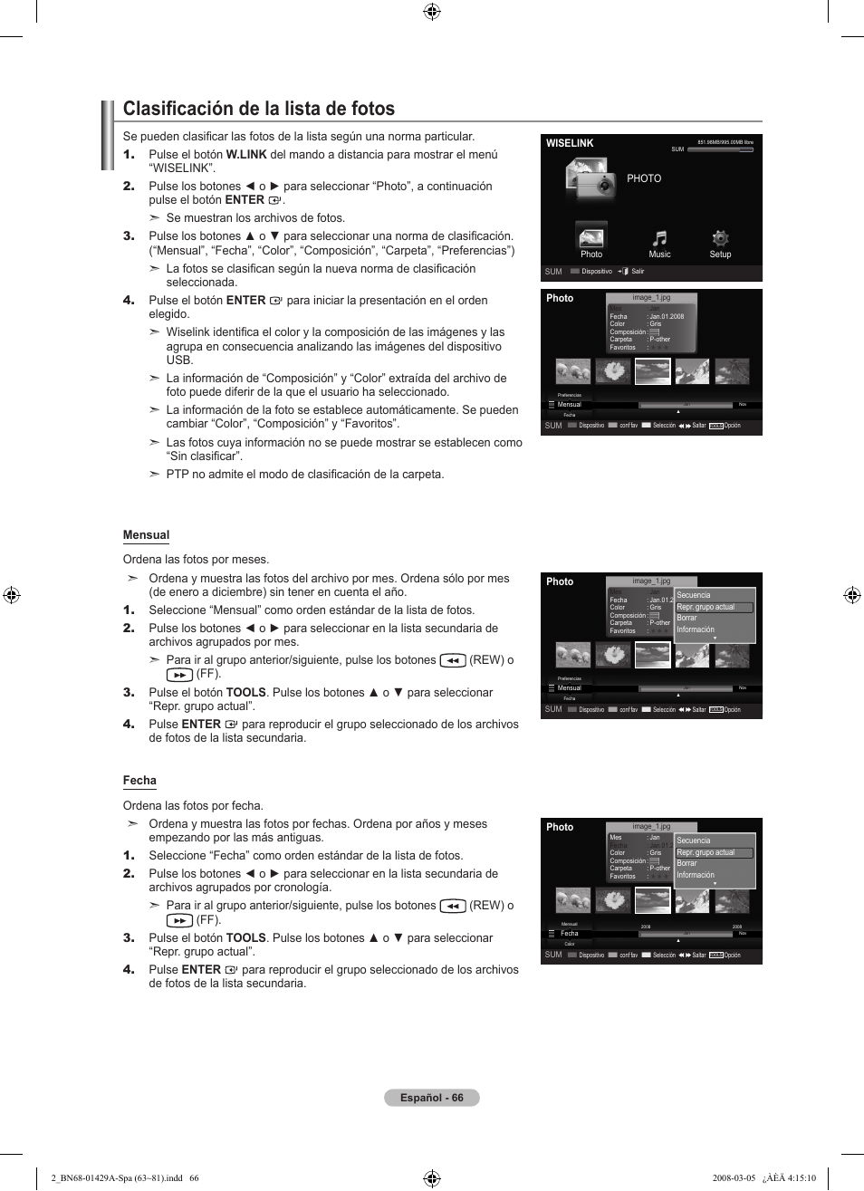 Clasificación de la lista de fotos | Samsung LN46A650A1FXZA User Manual | Page 182 / 222