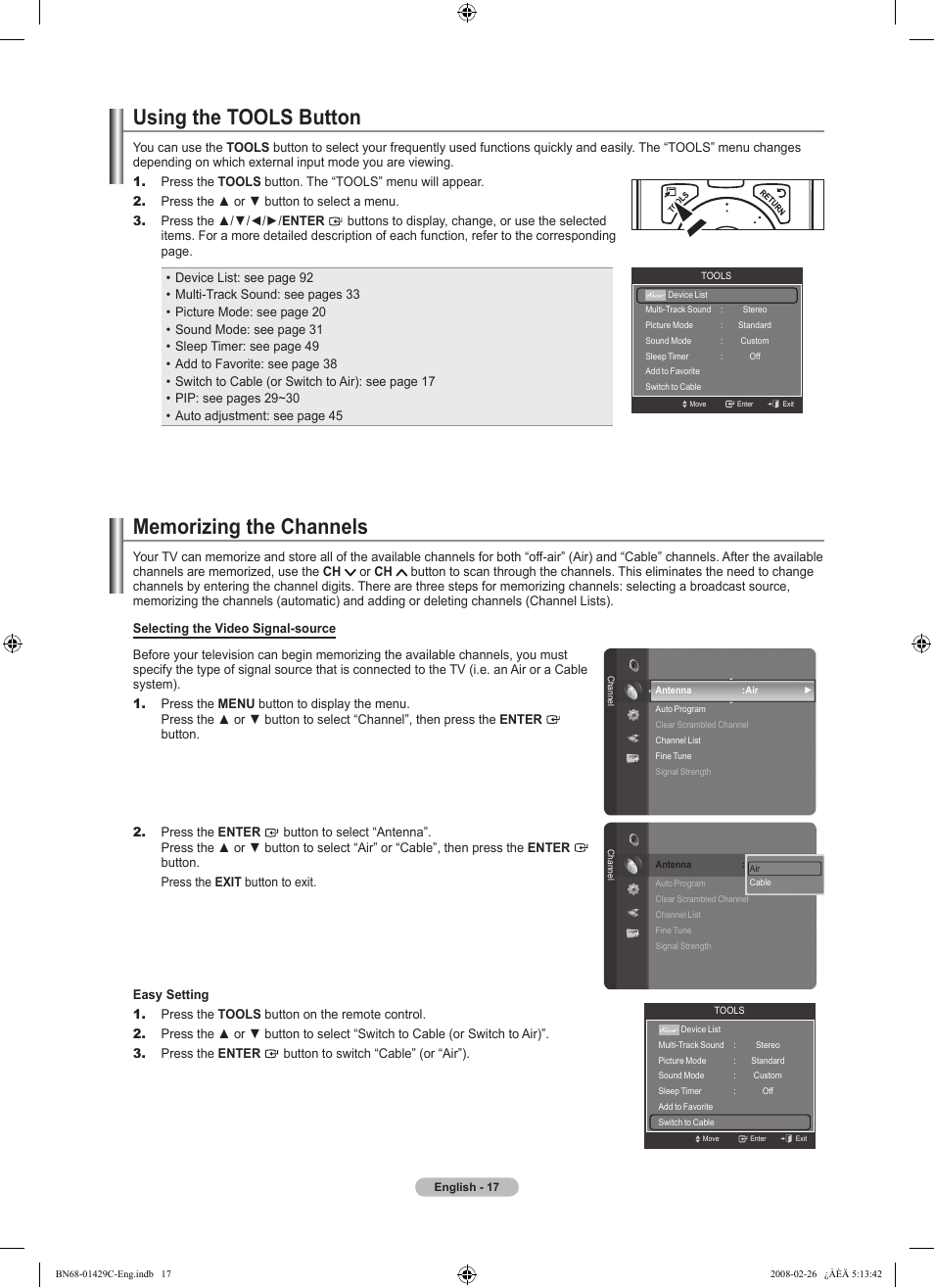 Using the tools button, Memorizing the channels | Samsung LN46A650A1FXZA User Manual | Page 19 / 222