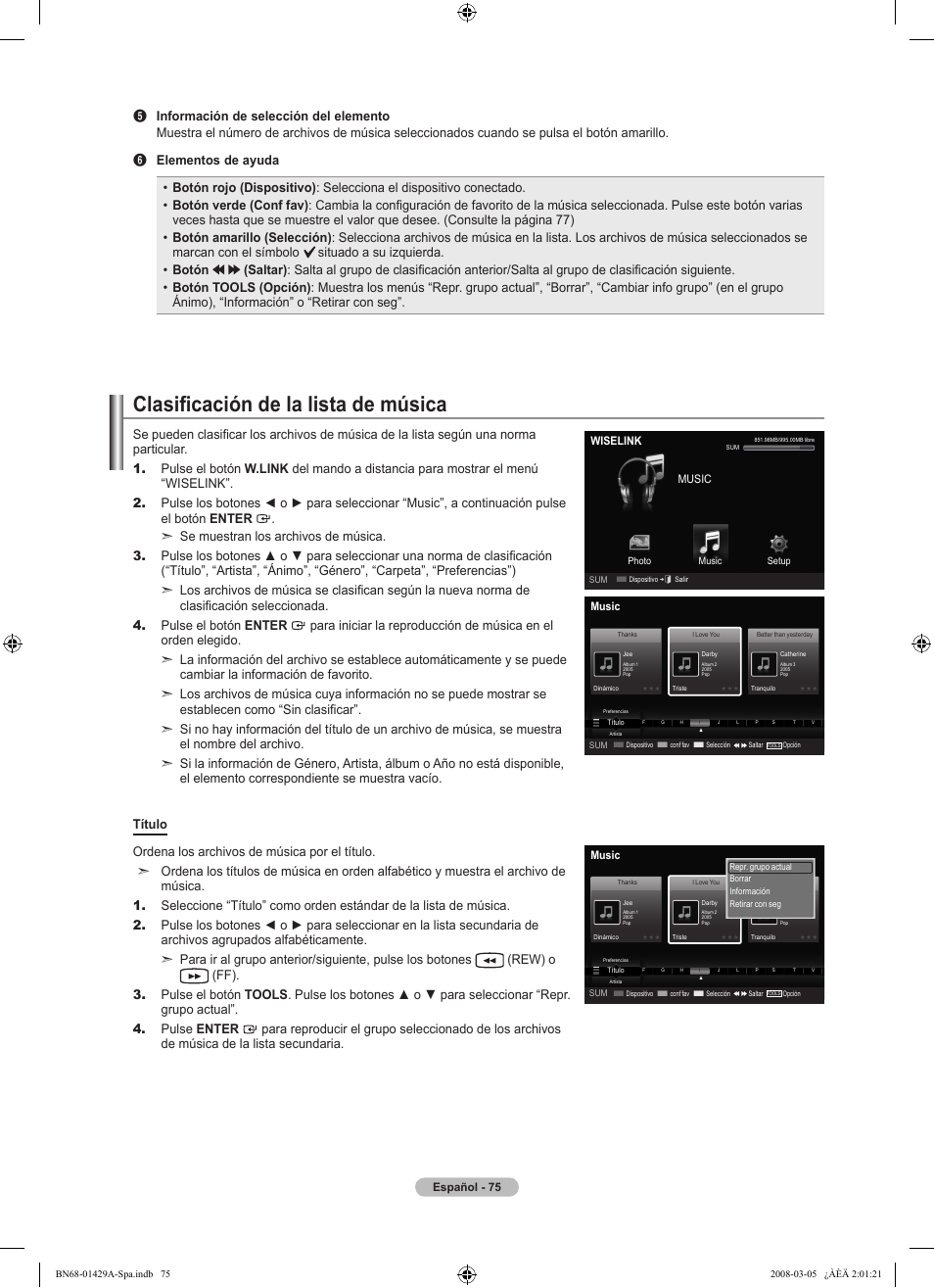 Clasificación de la lista de música | Samsung LN46A650A1FXZA User Manual | Page 191 / 222