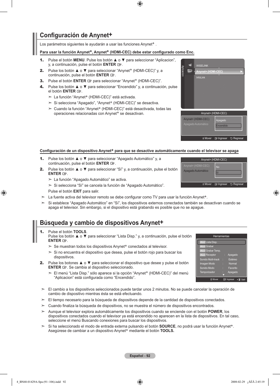 Configuración de anynet, Búsqueda y cambio de dispositivos anynet | Samsung LN46A650A1FXZA User Manual | Page 208 / 222