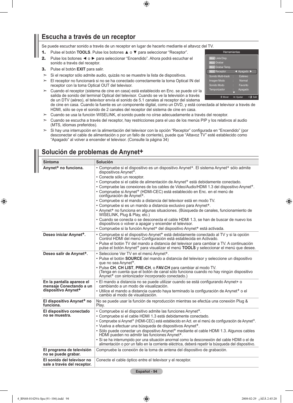 Escucha a través de un receptor, Solución de problemas de anynet | Samsung LN46A650A1FXZA User Manual | Page 210 / 222