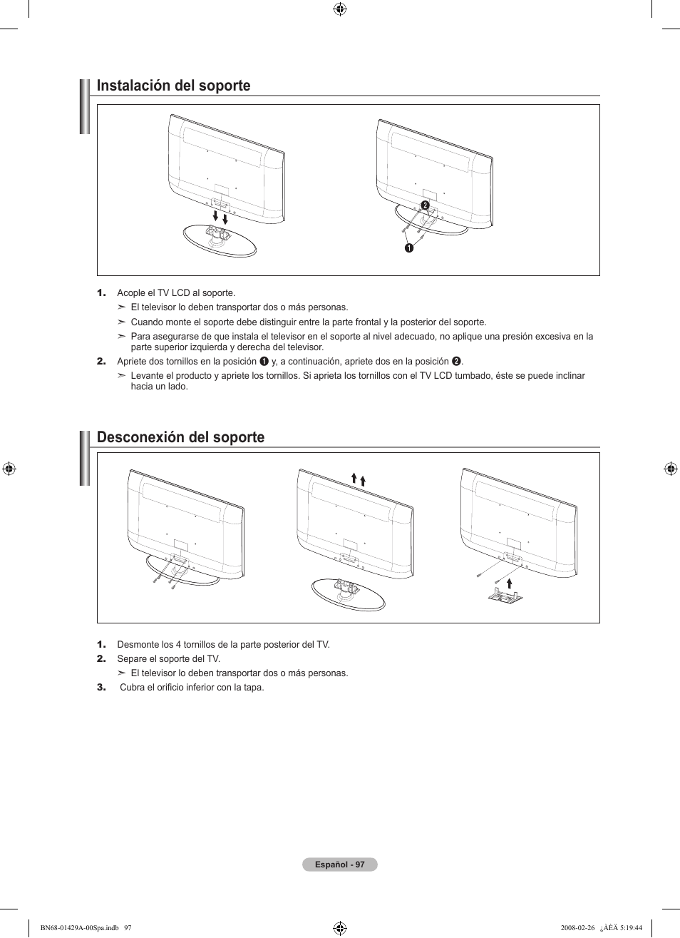 Instalación del soporte, Desconexión del soporte | Samsung LN46A650A1FXZA User Manual | Page 213 / 222