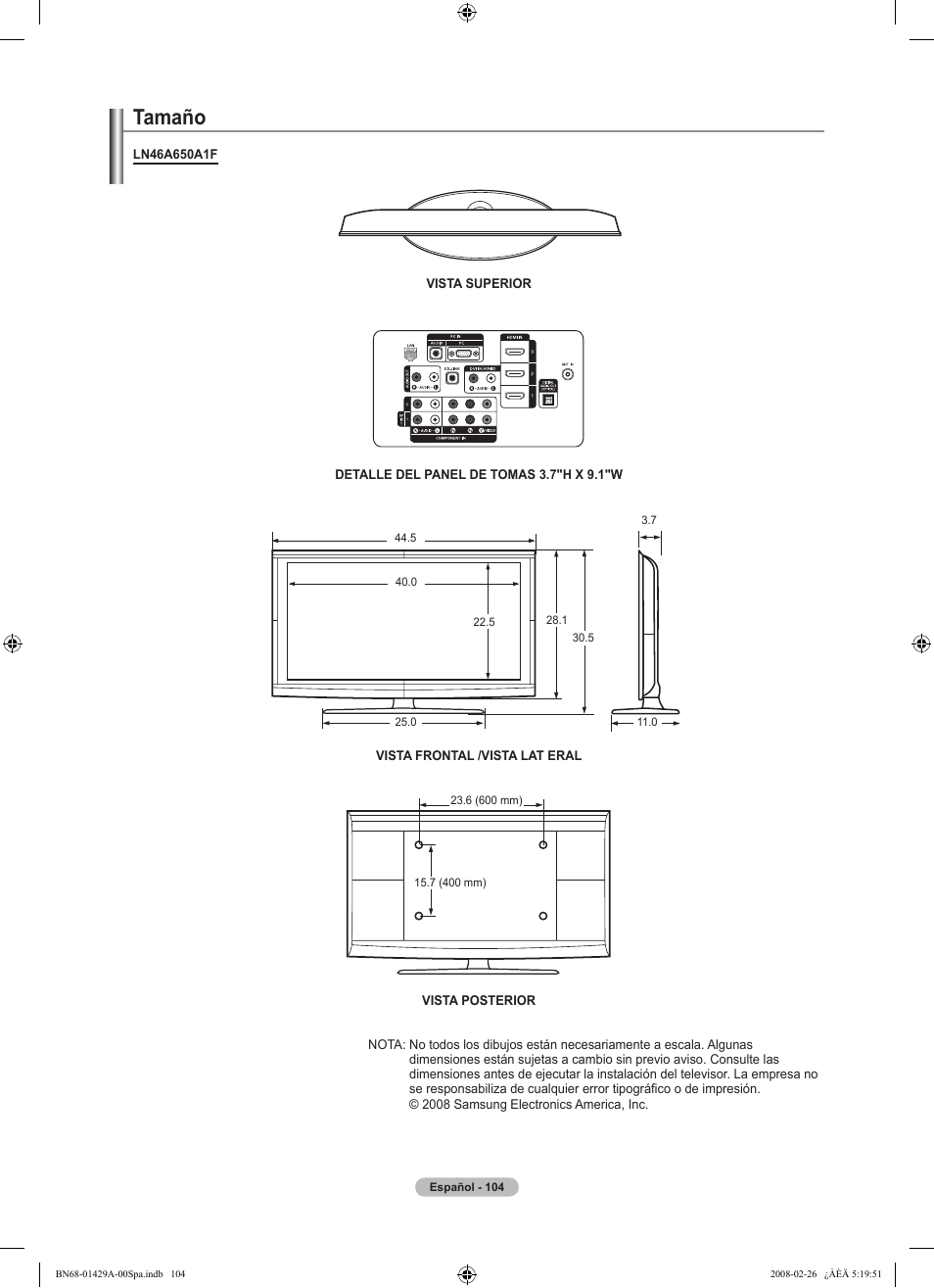 Tamaño | Samsung LN46A650A1FXZA User Manual | Page 220 / 222