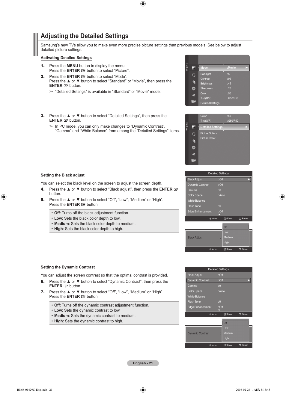 Adjusting the detailed settings | Samsung LN46A650A1FXZA User Manual | Page 23 / 222