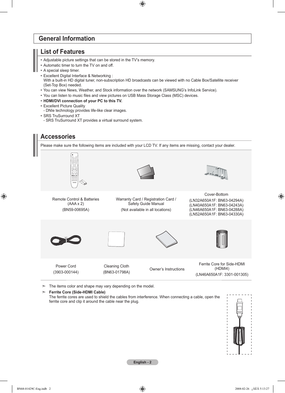 General information, List of features, Accessories | Samsung LN46A650A1FXZA User Manual | Page 4 / 222