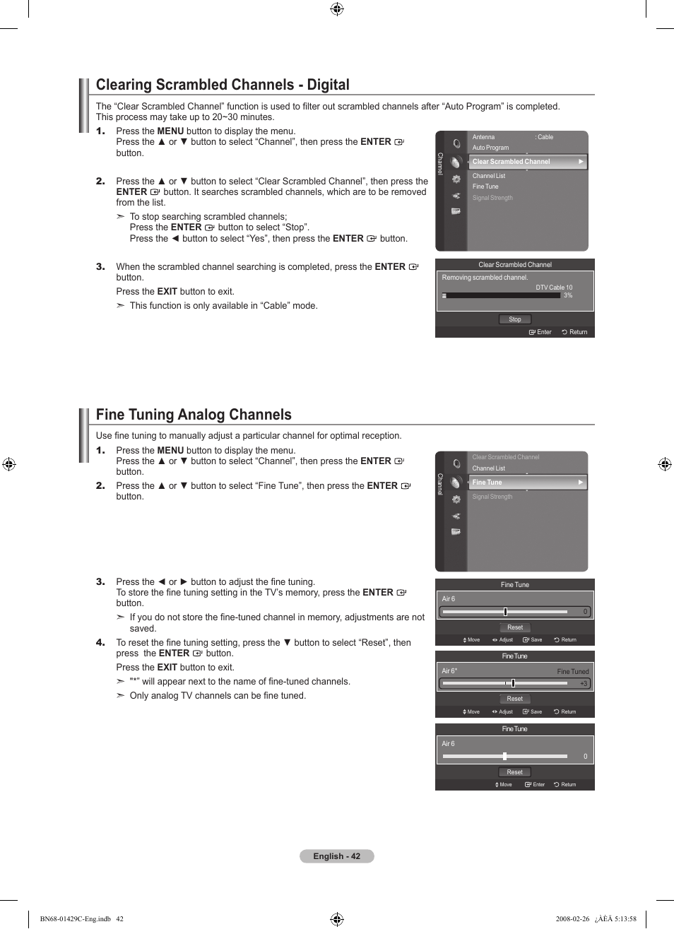 Clearing scrambled channels - digital, Fine tuning analog channels | Samsung LN46A650A1FXZA User Manual | Page 44 / 222
