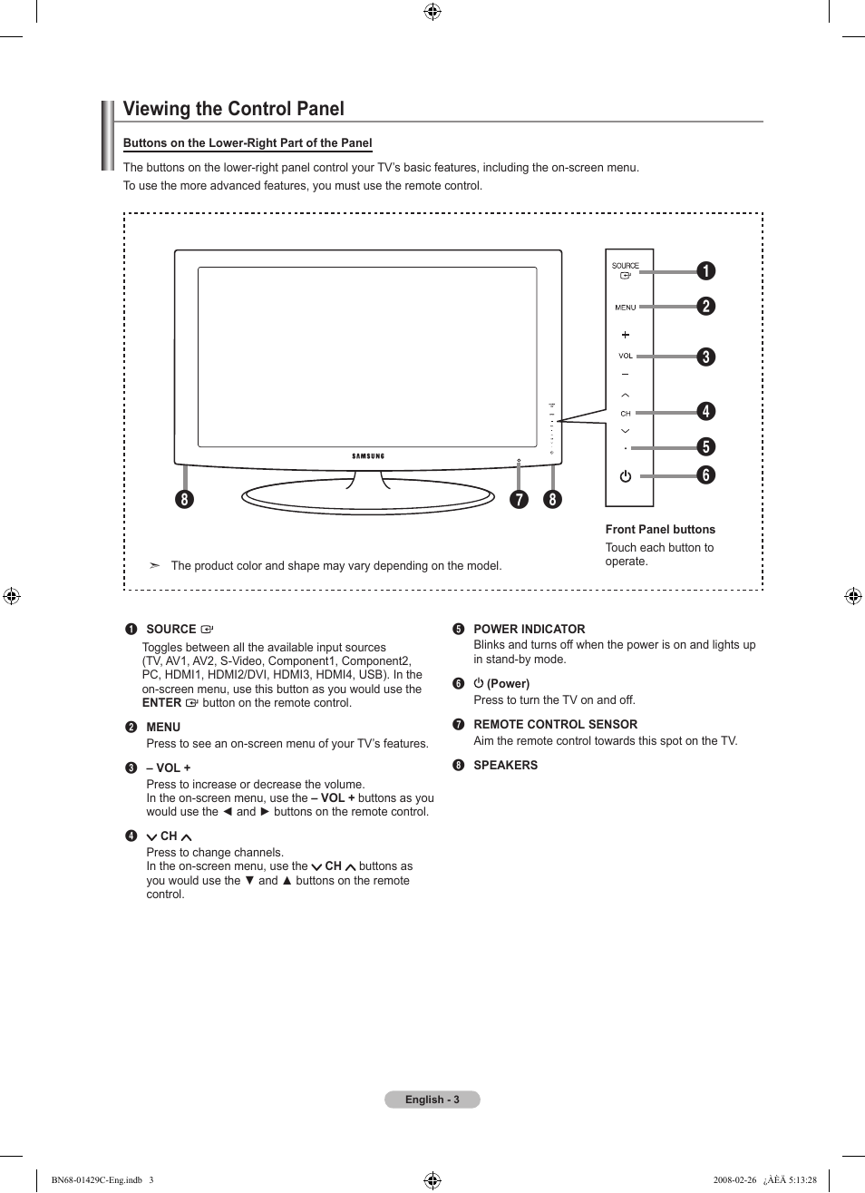 Viewing the control panel | Samsung LN46A650A1FXZA User Manual | Page 5 / 222