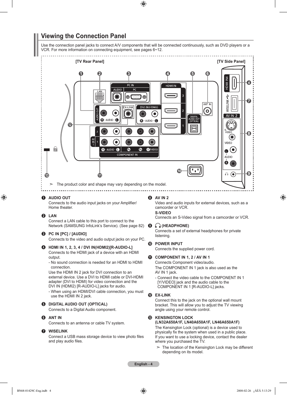 Viewing the connection panel | Samsung LN46A650A1FXZA User Manual | Page 6 / 222