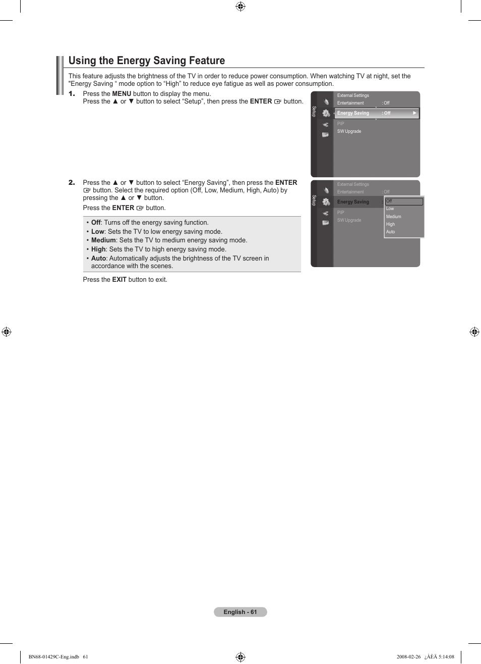 Using the energy saving feature | Samsung LN46A650A1FXZA User Manual | Page 63 / 222