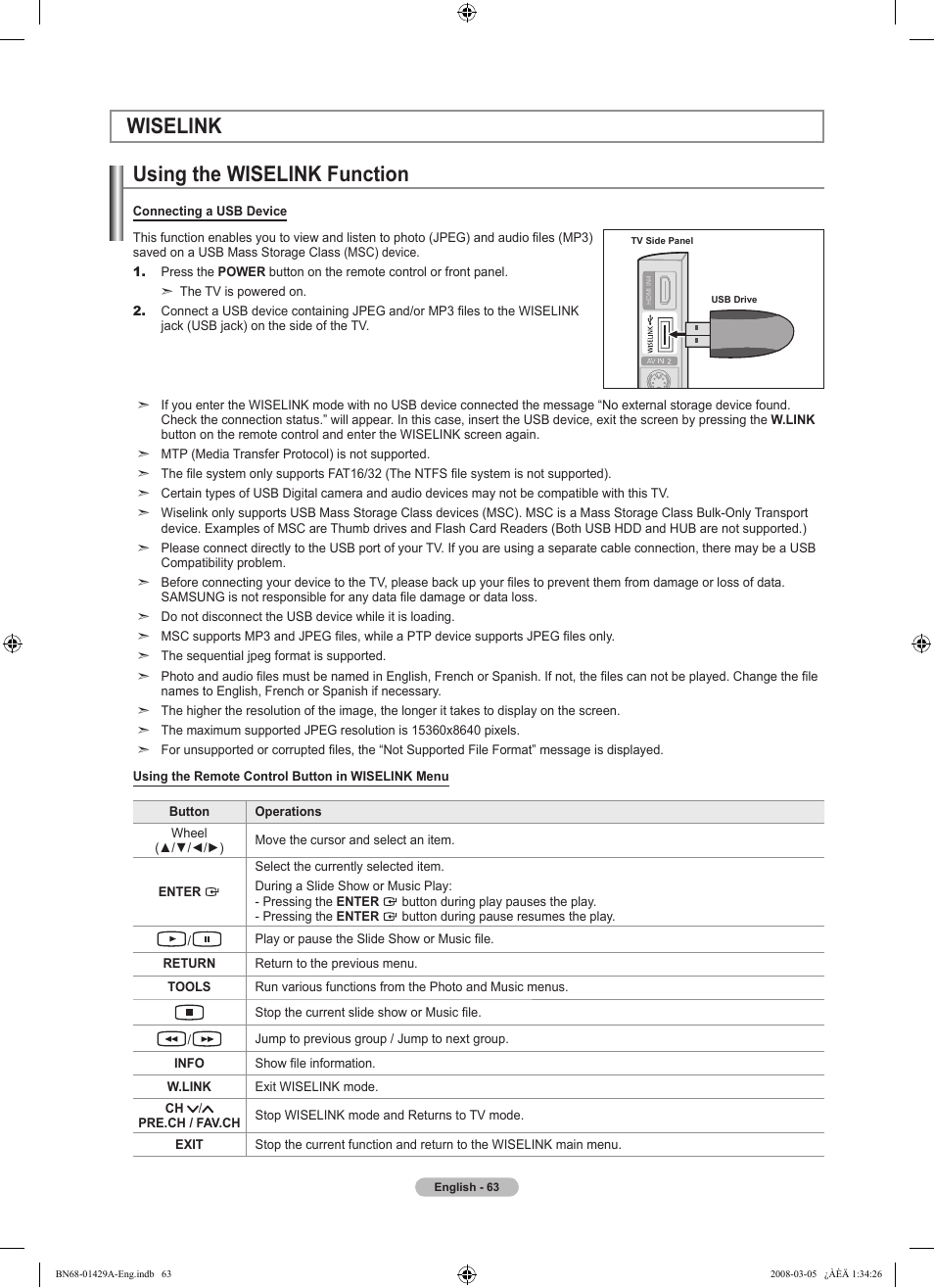 Wiselink, Using the wiselink function, Wiselink using the wiselink function | Samsung LN46A650A1FXZA User Manual | Page 65 / 222