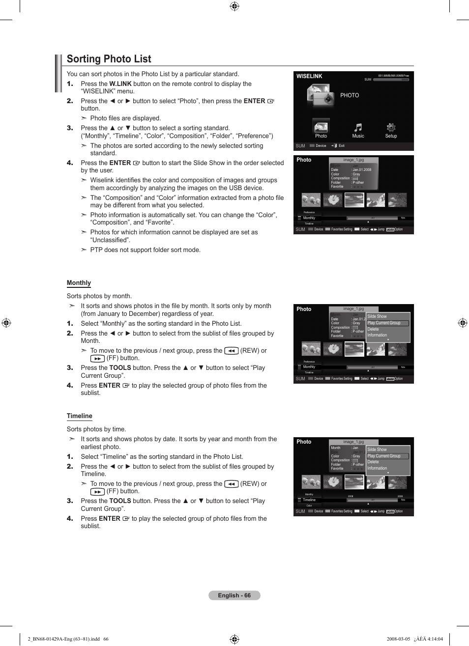 Sorting photo list | Samsung LN46A650A1FXZA User Manual | Page 68 / 222