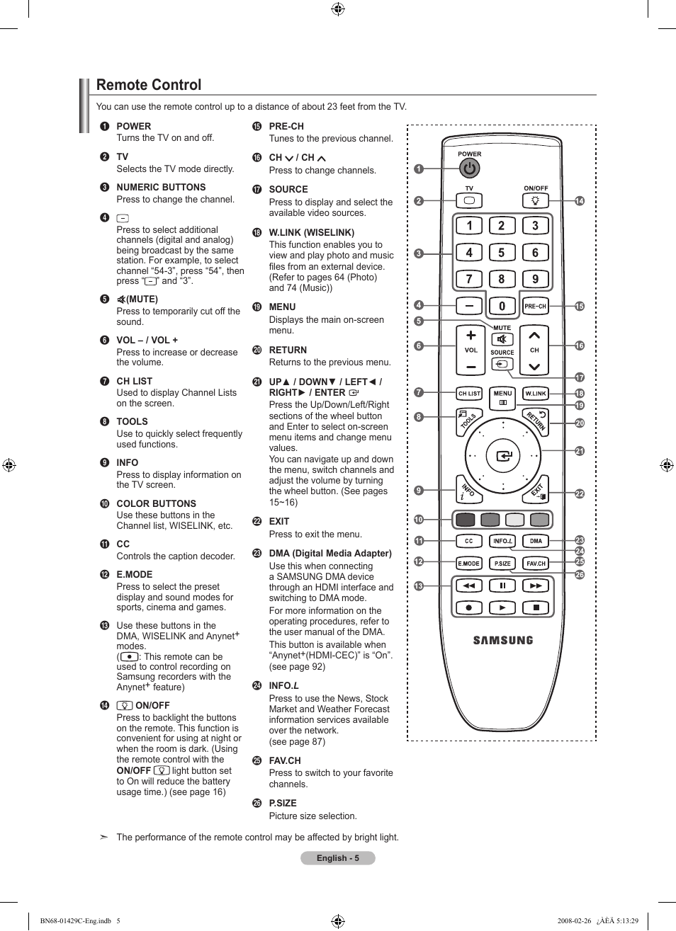 Remote control | Samsung LN46A650A1FXZA User Manual | Page 7 / 222