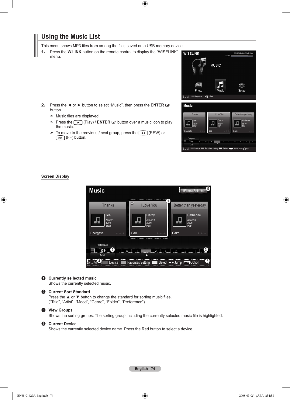 Using the music list, Music, Device  favorites setting  select jump | Option, Title, I love you, Better than yesterday | Samsung LN46A650A1FXZA User Manual | Page 76 / 222