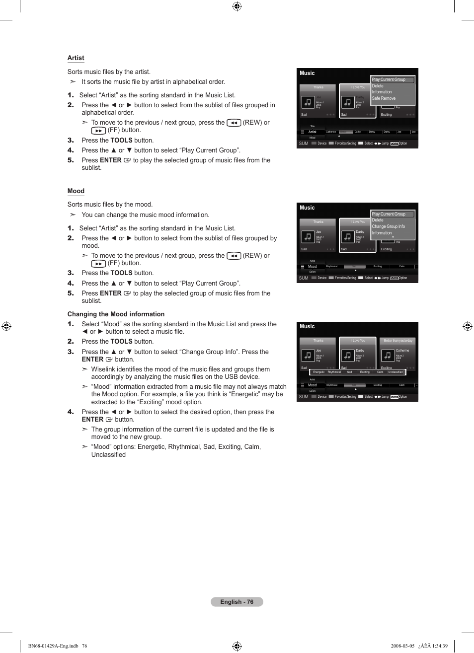 English - 76, Music | Samsung LN46A650A1FXZA User Manual | Page 78 / 222