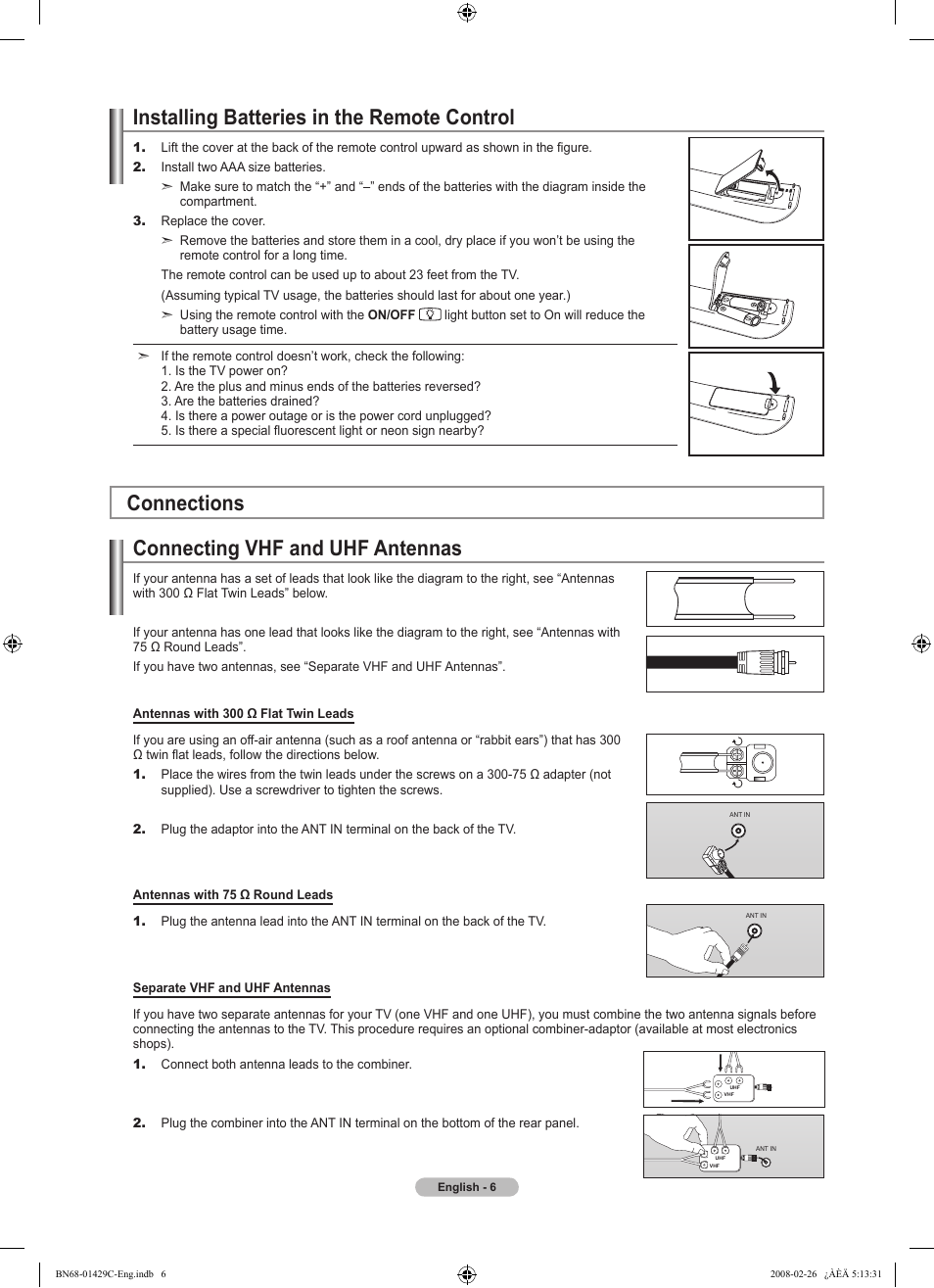 Installing batteries in the remote control, Connections, Connecting vhf and uhf antennas | Samsung LN46A650A1FXZA User Manual | Page 8 / 222
