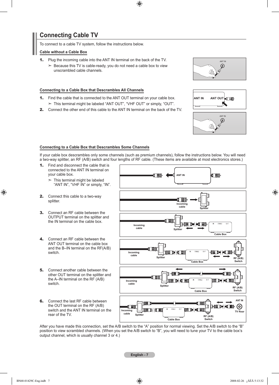 Connecting cable tv | Samsung LN46A650A1FXZA User Manual | Page 9 / 222