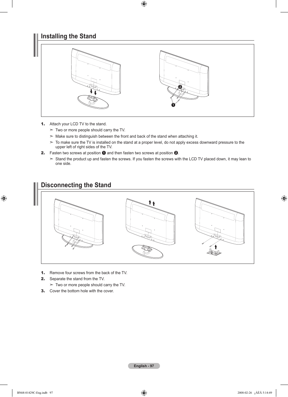 Installing the stand, Disconnecting the stand | Samsung LN46A650A1FXZA User Manual | Page 99 / 222