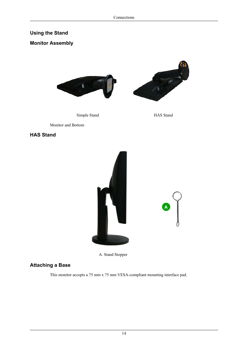 Using the stand, Monitor assembly, Has stand | Attaching a base | Samsung LS19MYTRBQ-XAA User Manual | Page 15 / 67