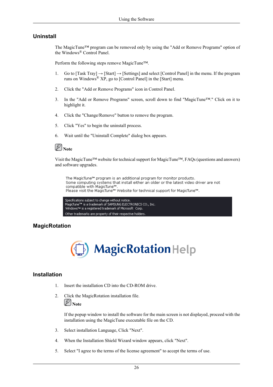 Uninstall, Magicrotation, Installation | Samsung LS19MYTRBQ-XAA User Manual | Page 27 / 67